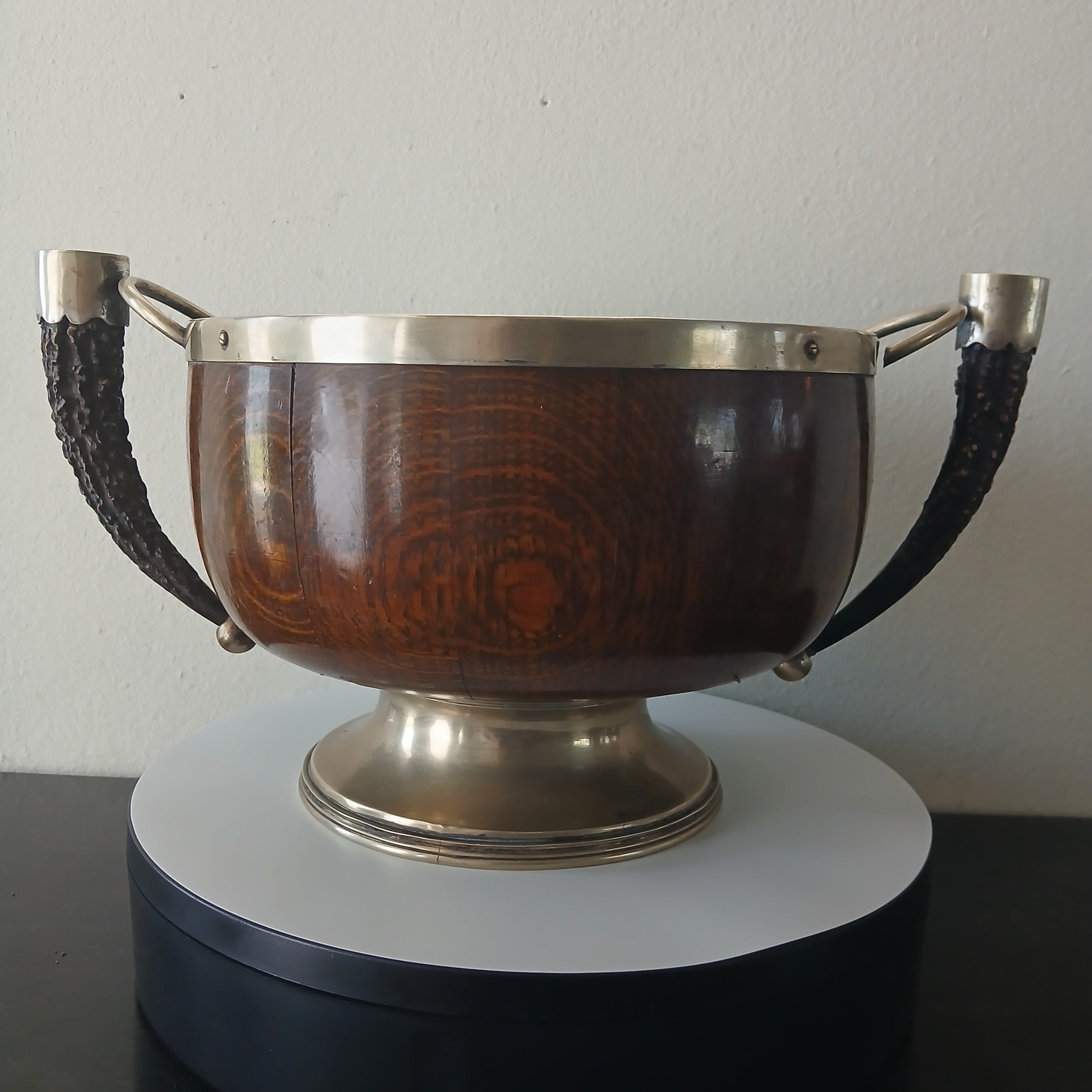 Rare Antique English Oak Trophy Bowl w Brass Fittings and Stag Horn Handles