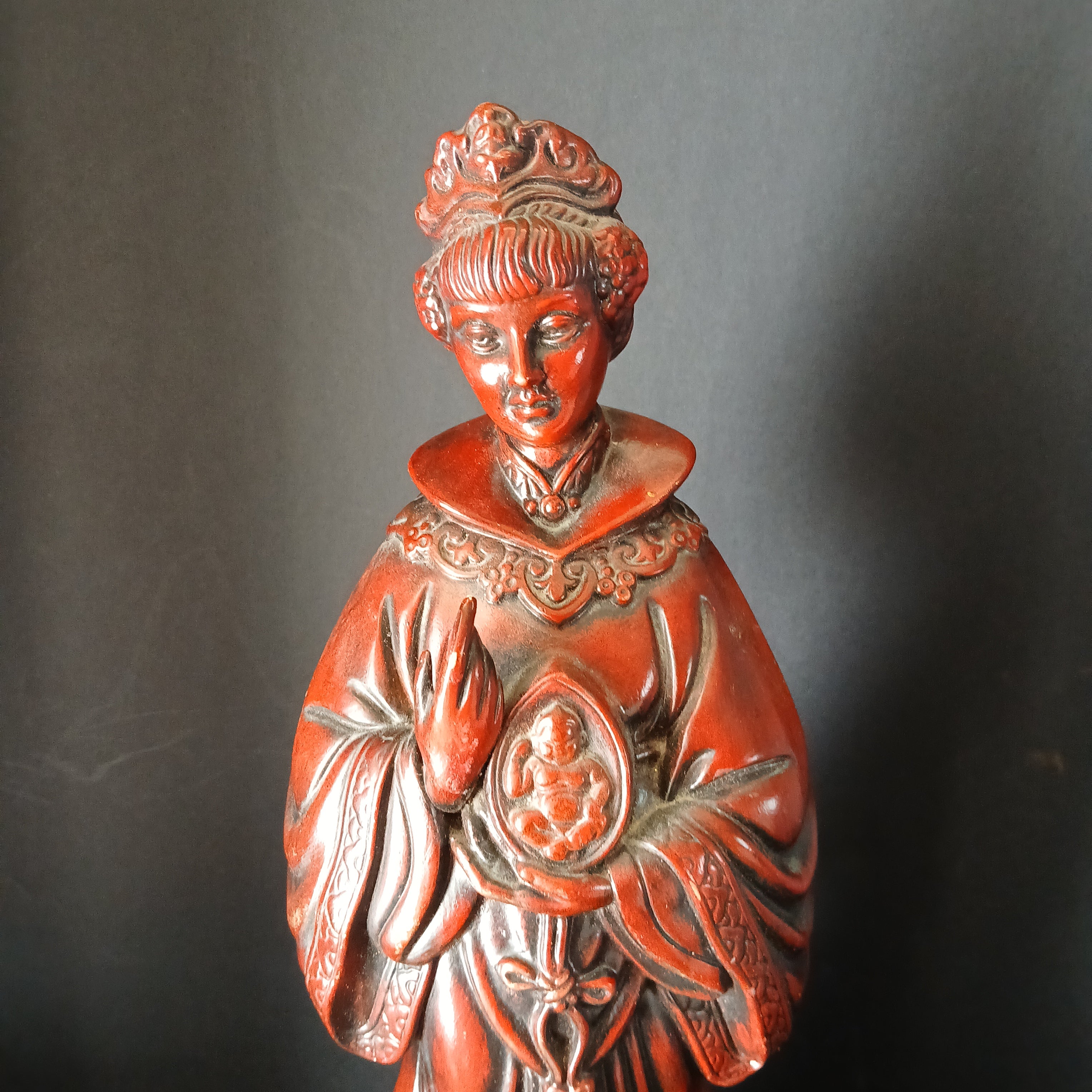 Ceramic Quan Yin Goddess Holding Buddha Image, 1950s