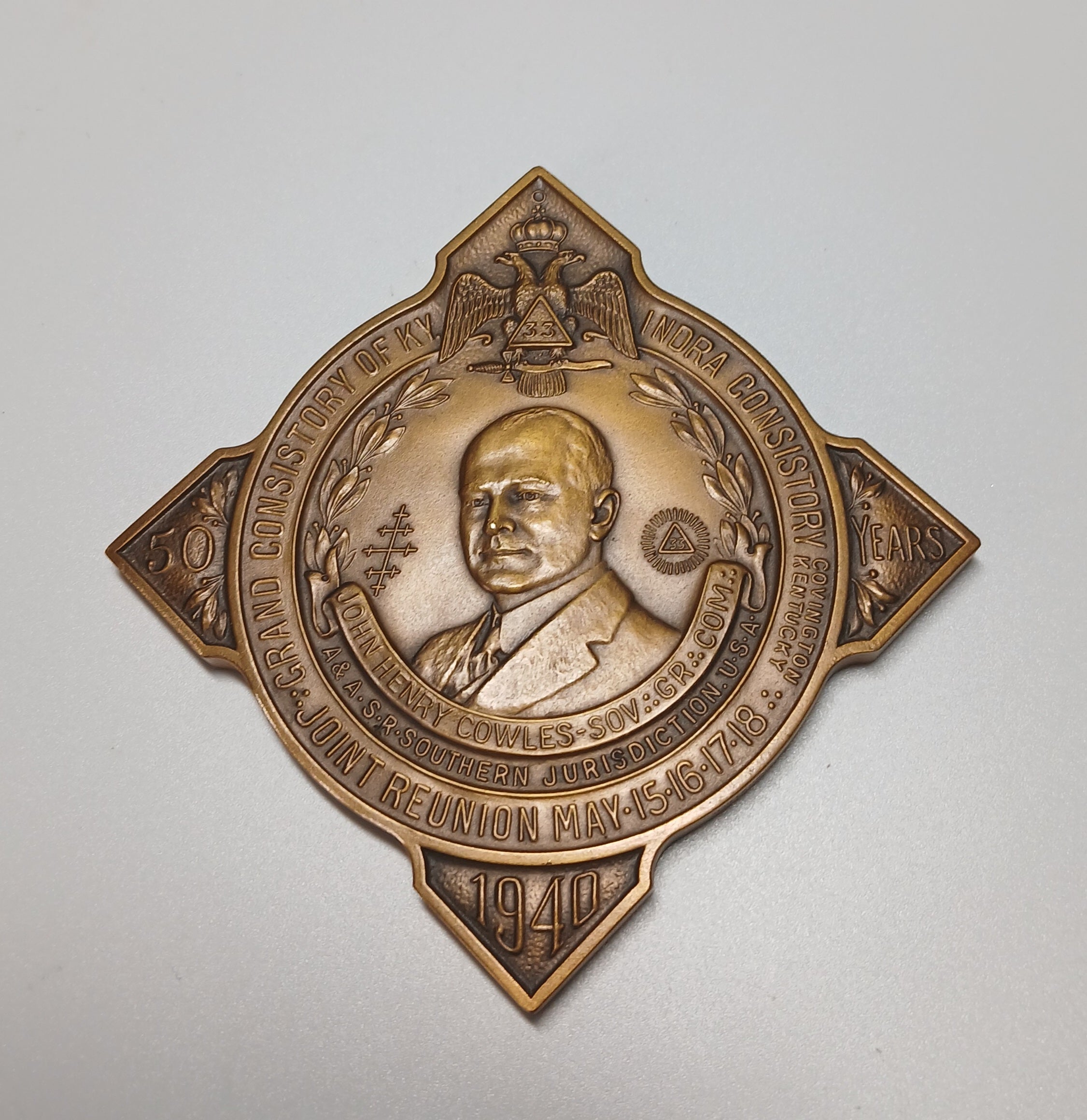 50th Anniversary Medal John Henry Cowles Grand Consistory of Kentucky Masonic 1940