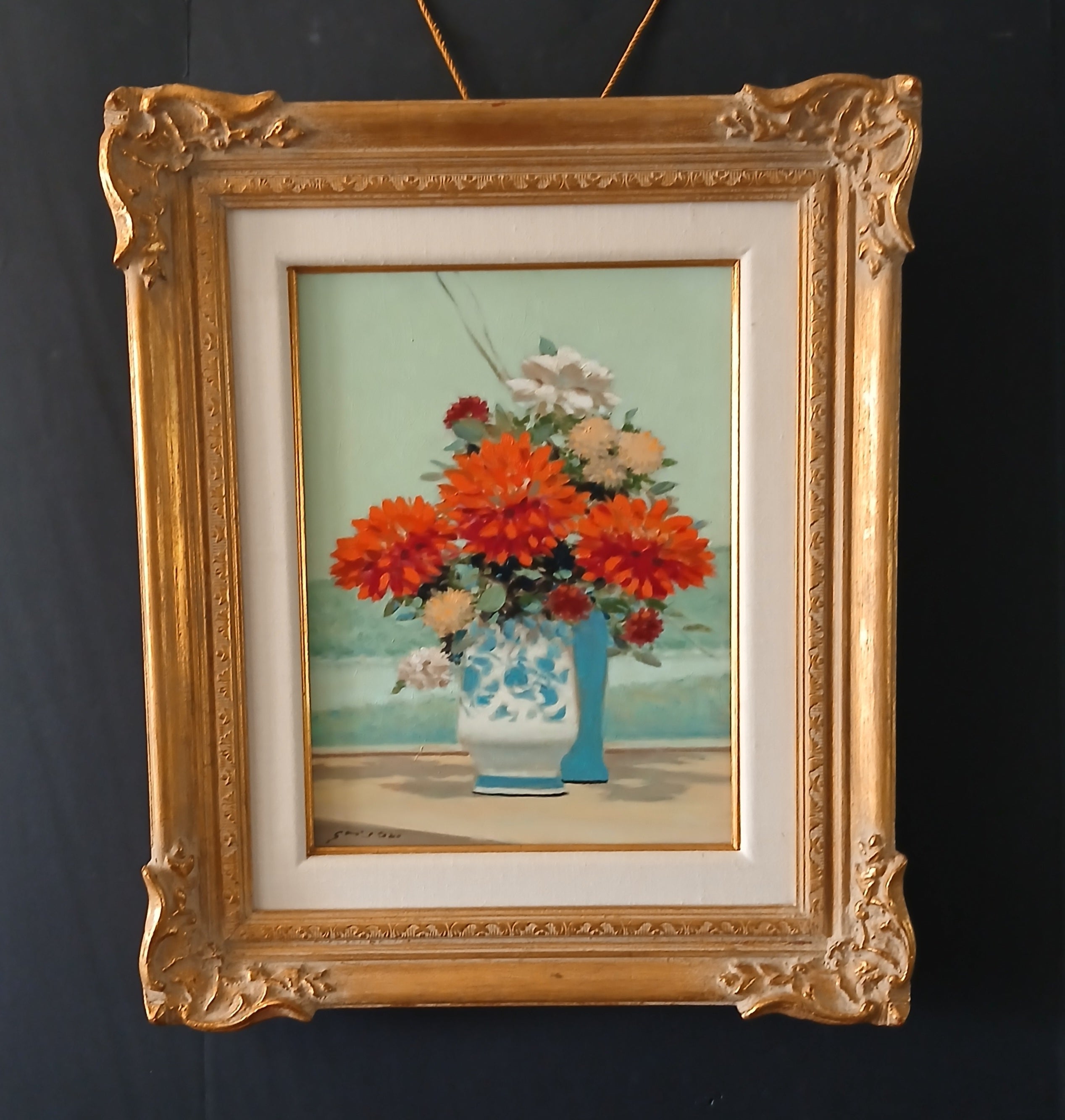 Andre Gisson Oil on Canvas Still Life with Chrysanthemums Listed Artist
