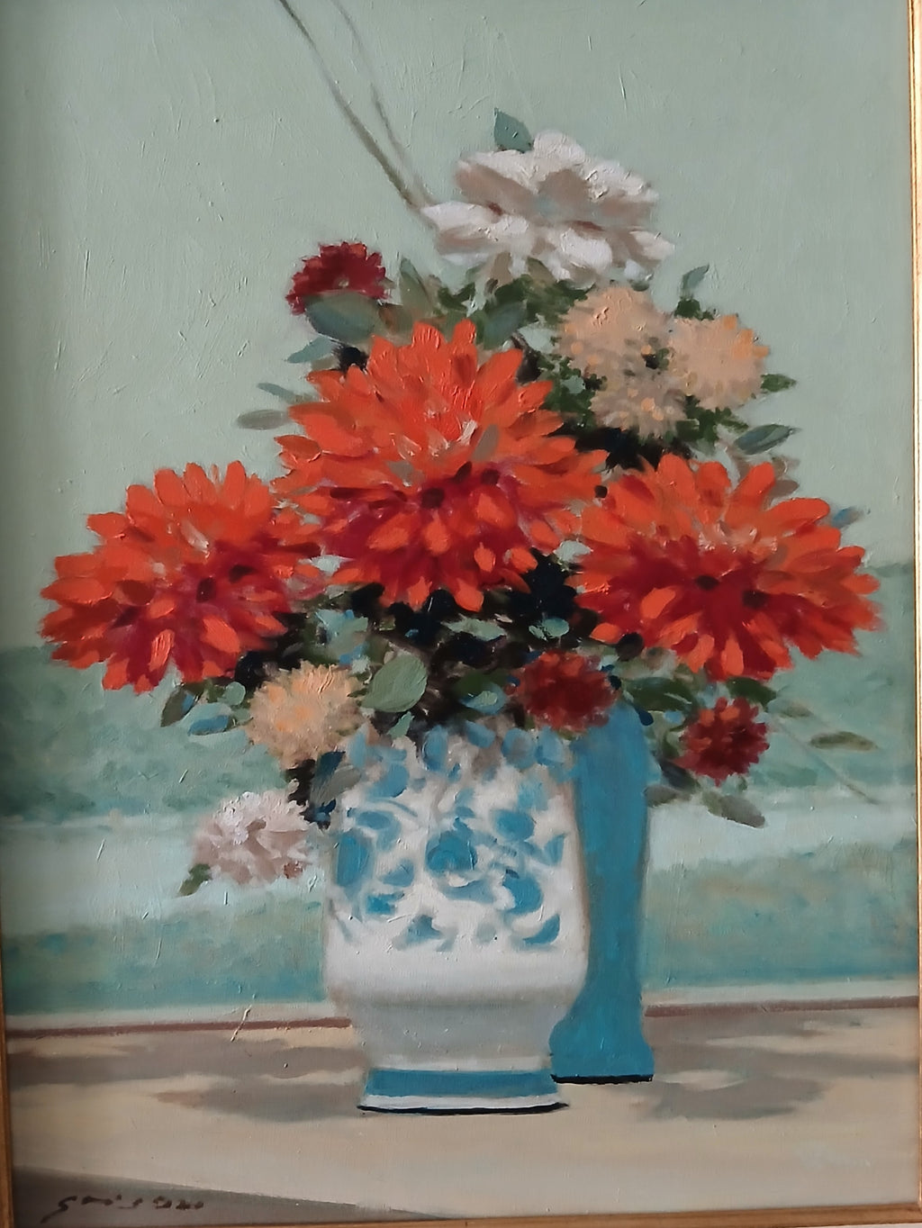 Andre Gisson Oil on Canvas Still Life with Chrysanthemums Listed Artist