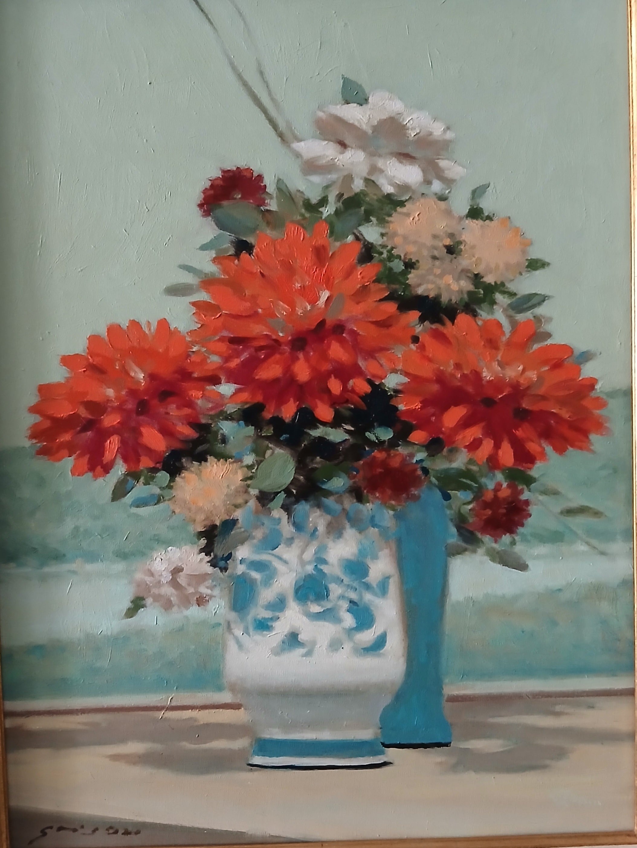 Andre Gisson Oil on Canvas Still Life with Chrysanthemums Listed Artist