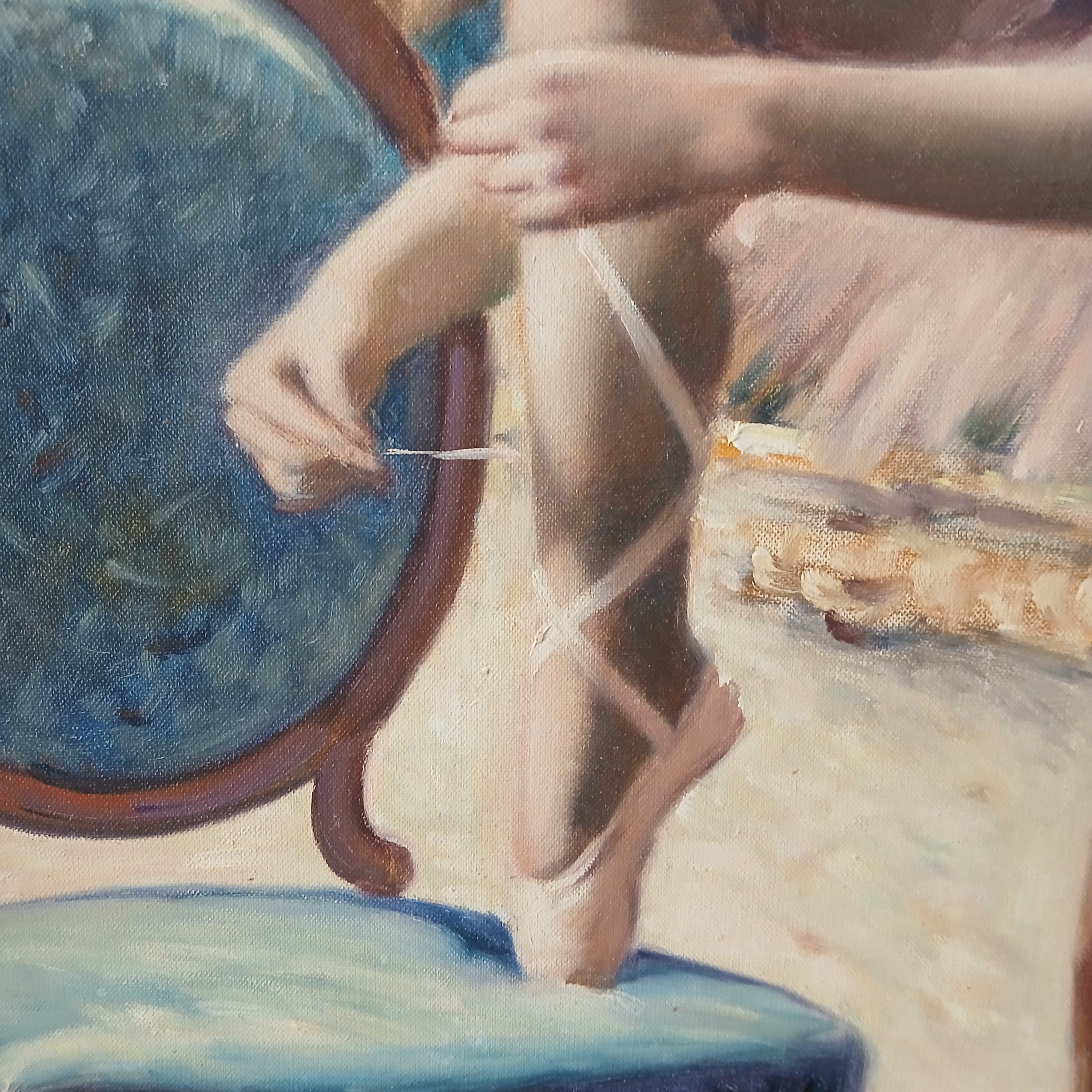 Ballerina Lacing Her Shoe Oil on Canvas by Helmut Brueninger Listed Artist