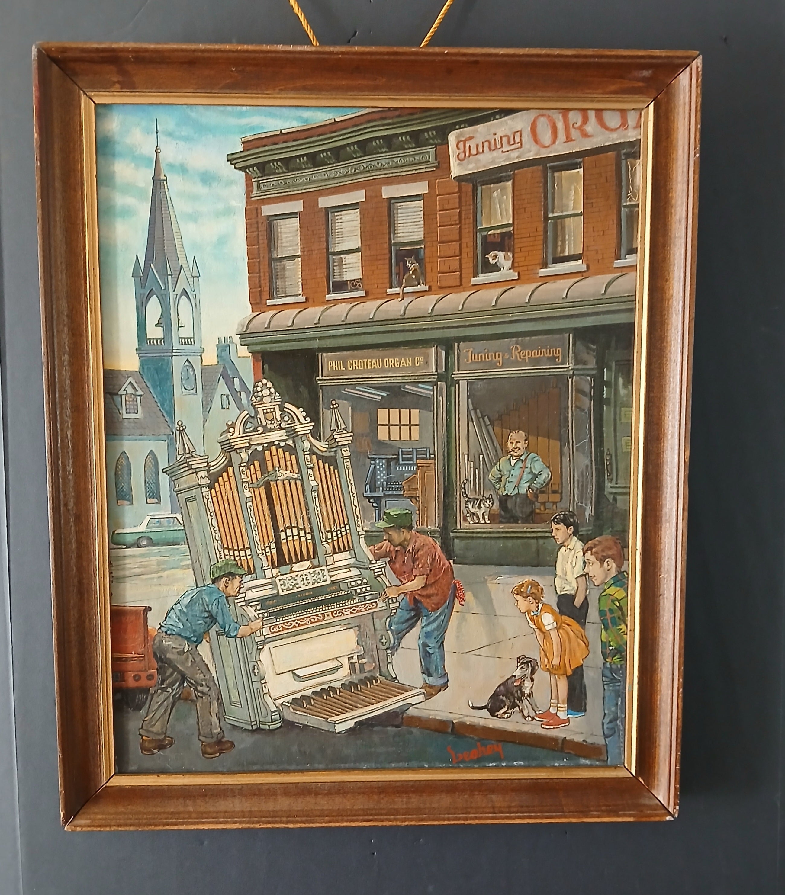 Delivering the Pipe Organ oil on canvas 1960s Original Illustration