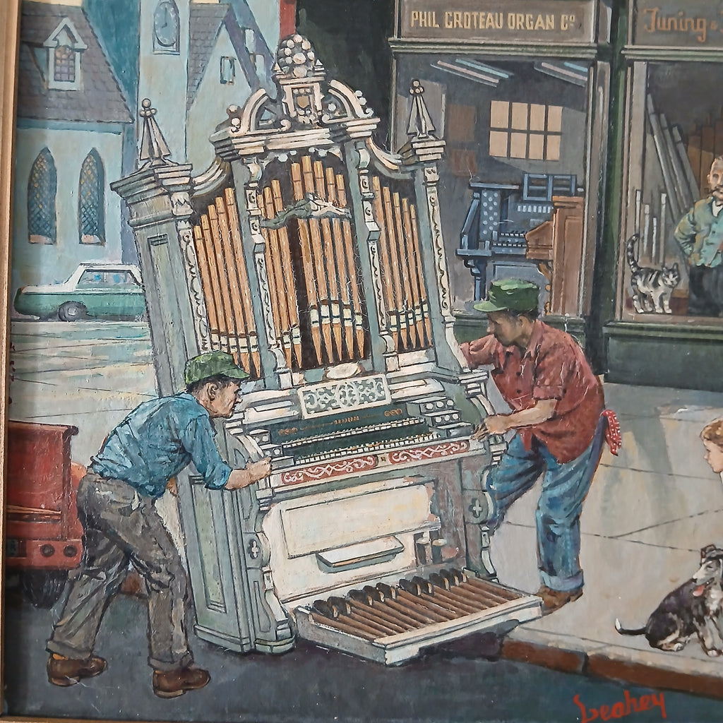 Delivering the Pipe Organ oil on canvas 1960s Original Illustration