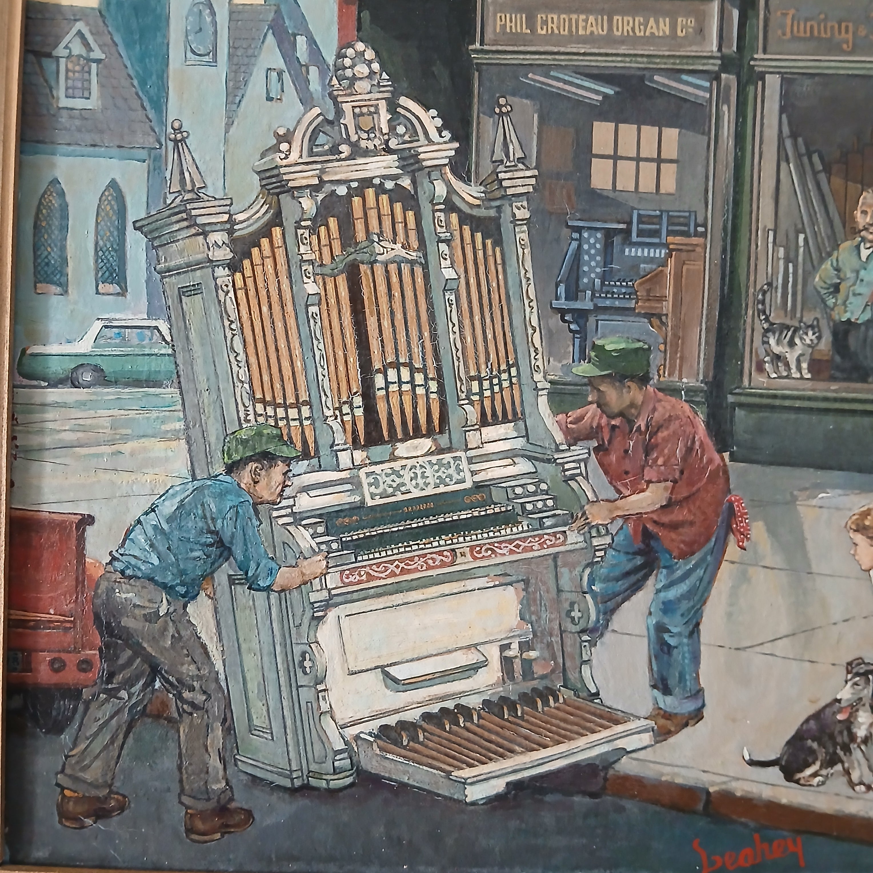 Delivering the Pipe Organ oil on canvas 1960s Original Illustration