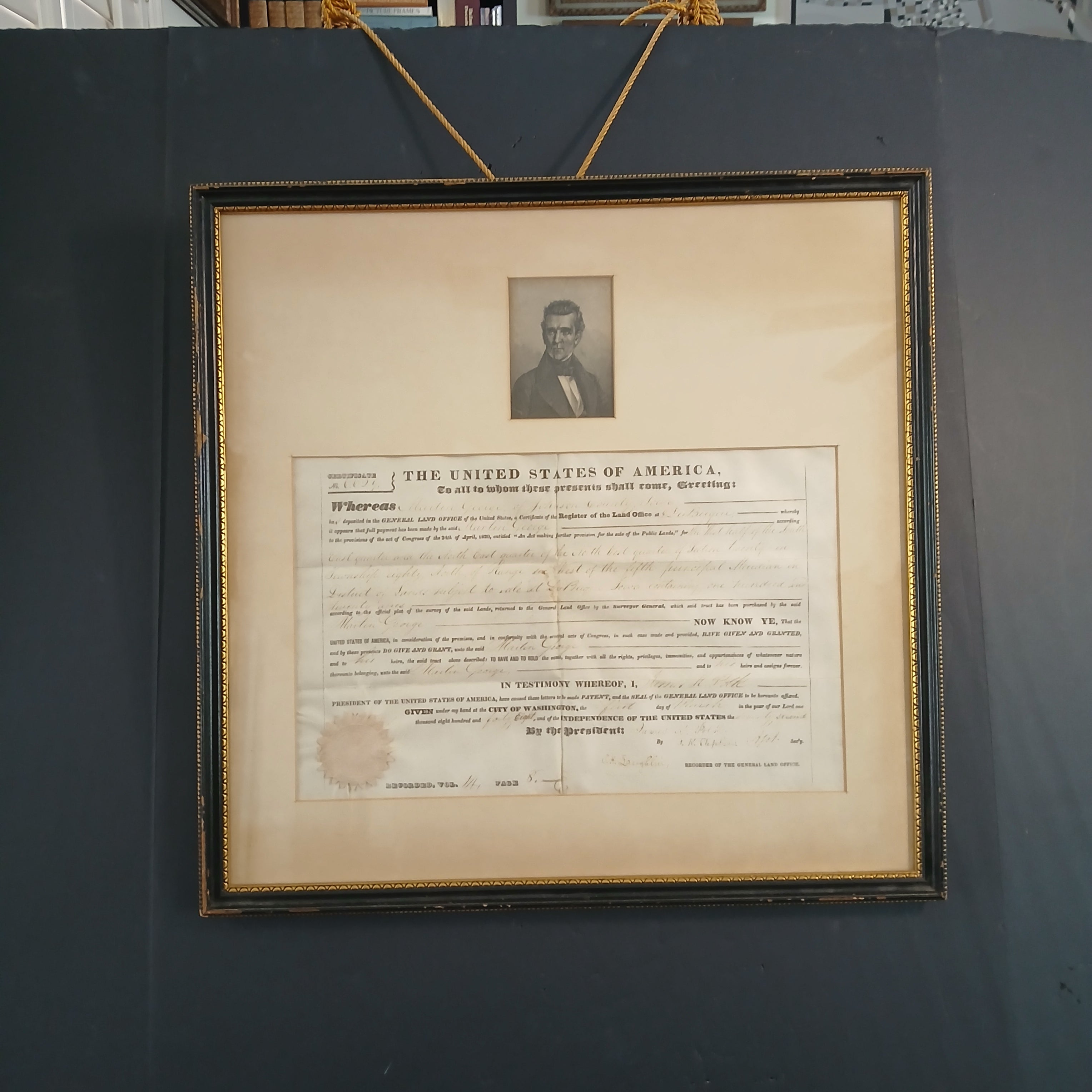Land Grant bearing signature of James K. Polk 11th President of the United States