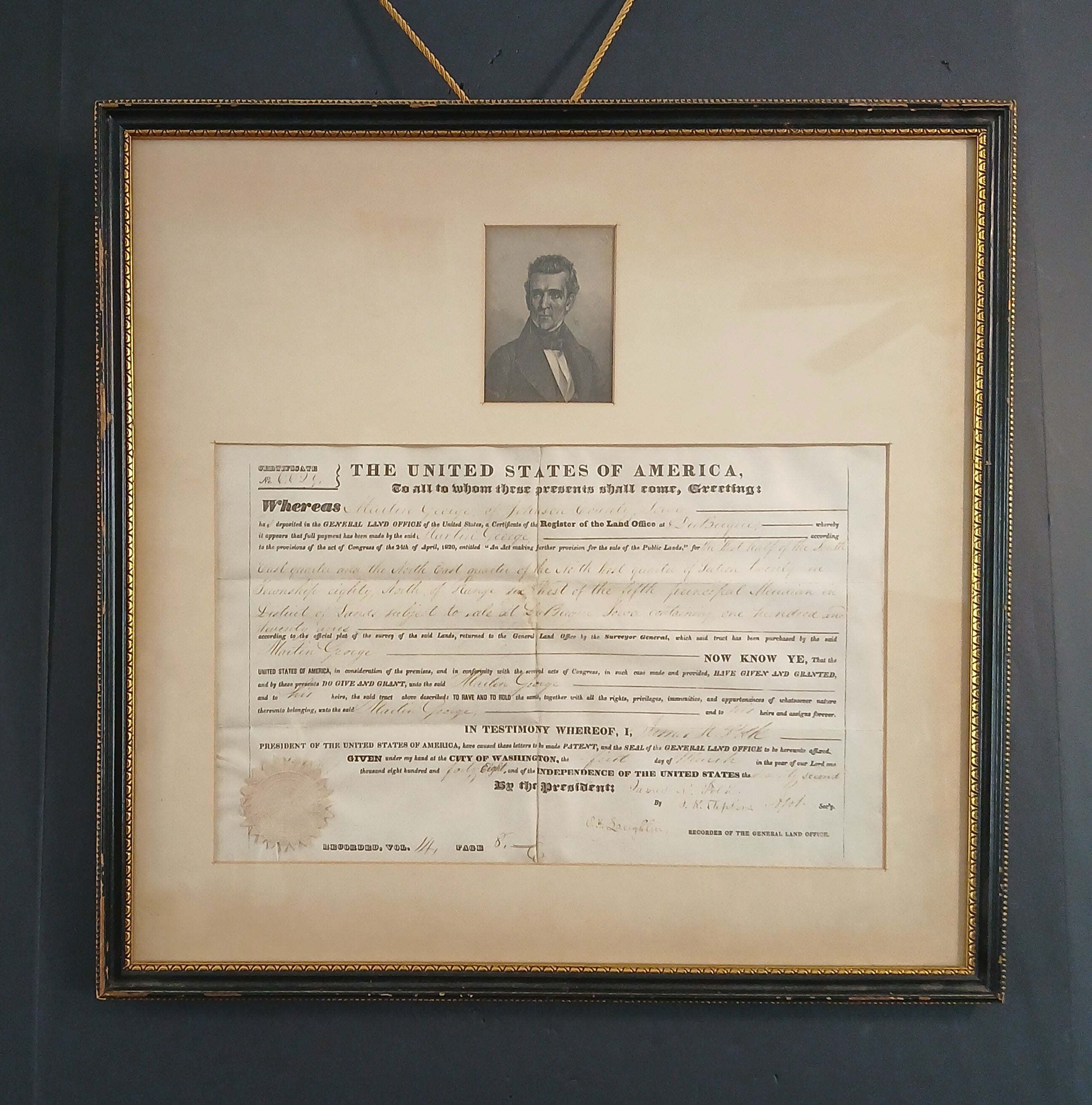 Land Grant bearing signature of James K. Polk 11th President of the United States