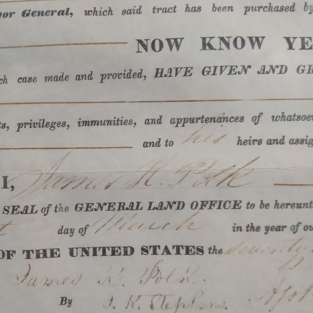 Land Grant bearing signature of James K. Polk 11th President of the United States