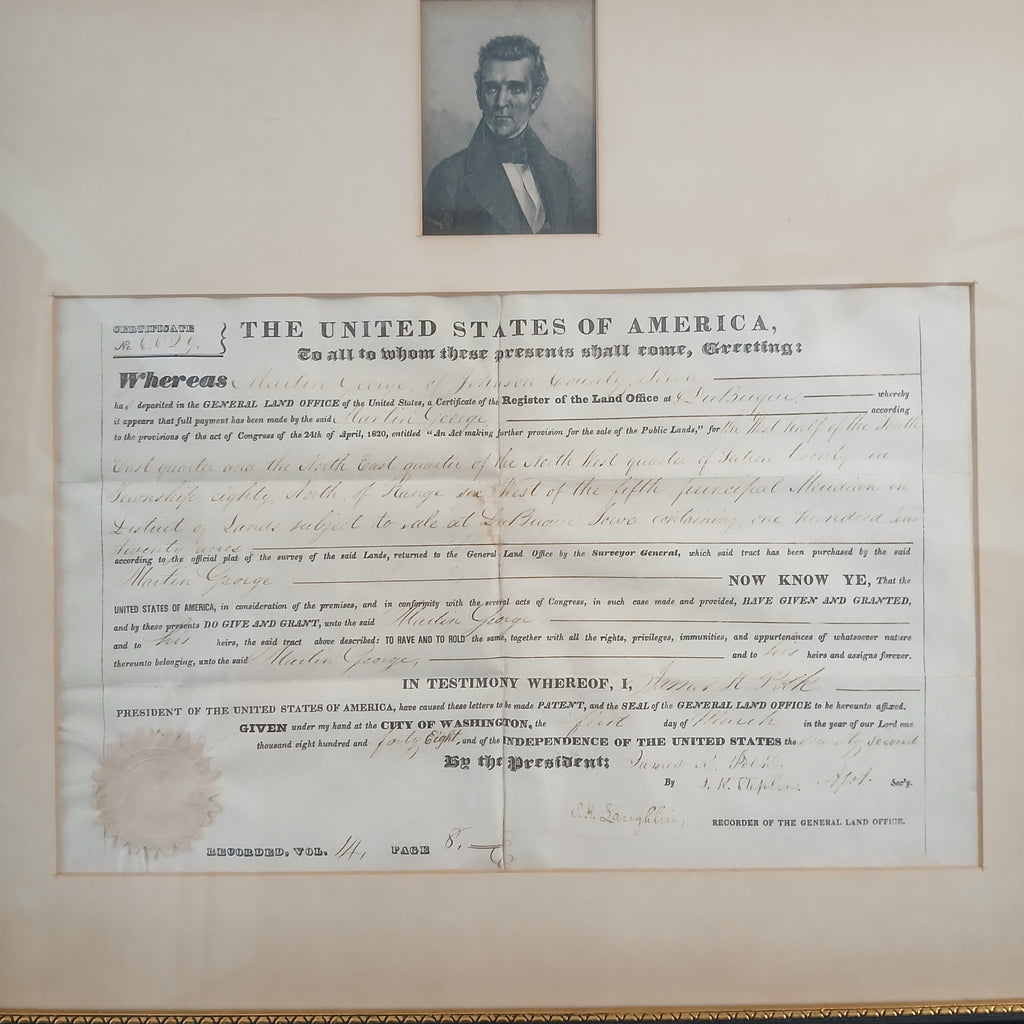 Land Grant bearing signature of James K. Polk 11th President of the United States