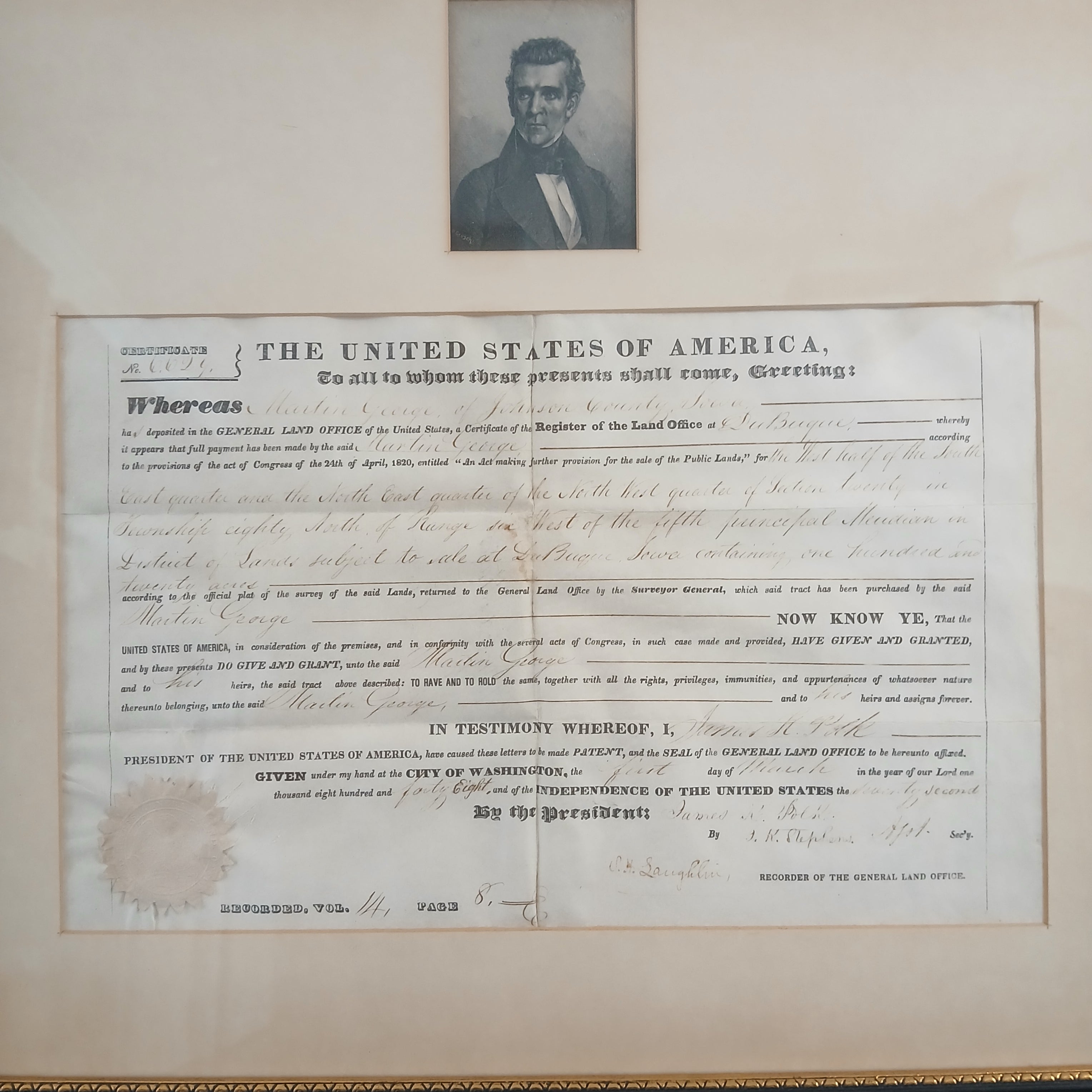 Land Grant bearing signature of James K. Polk 11th President of the United States