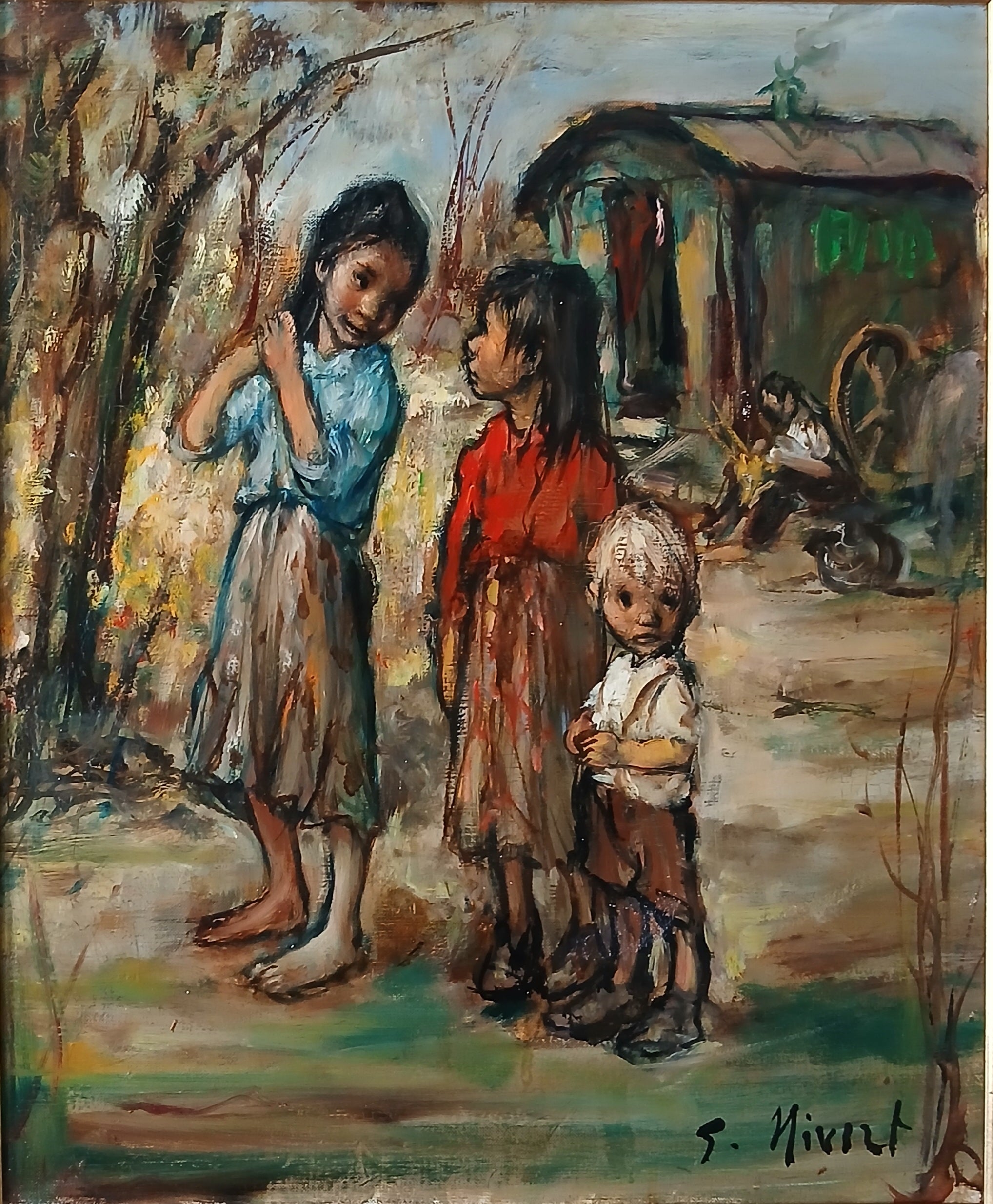 Heartwarming Oil Painting Gypsy Children - Listed French Artist Georgette Nivert