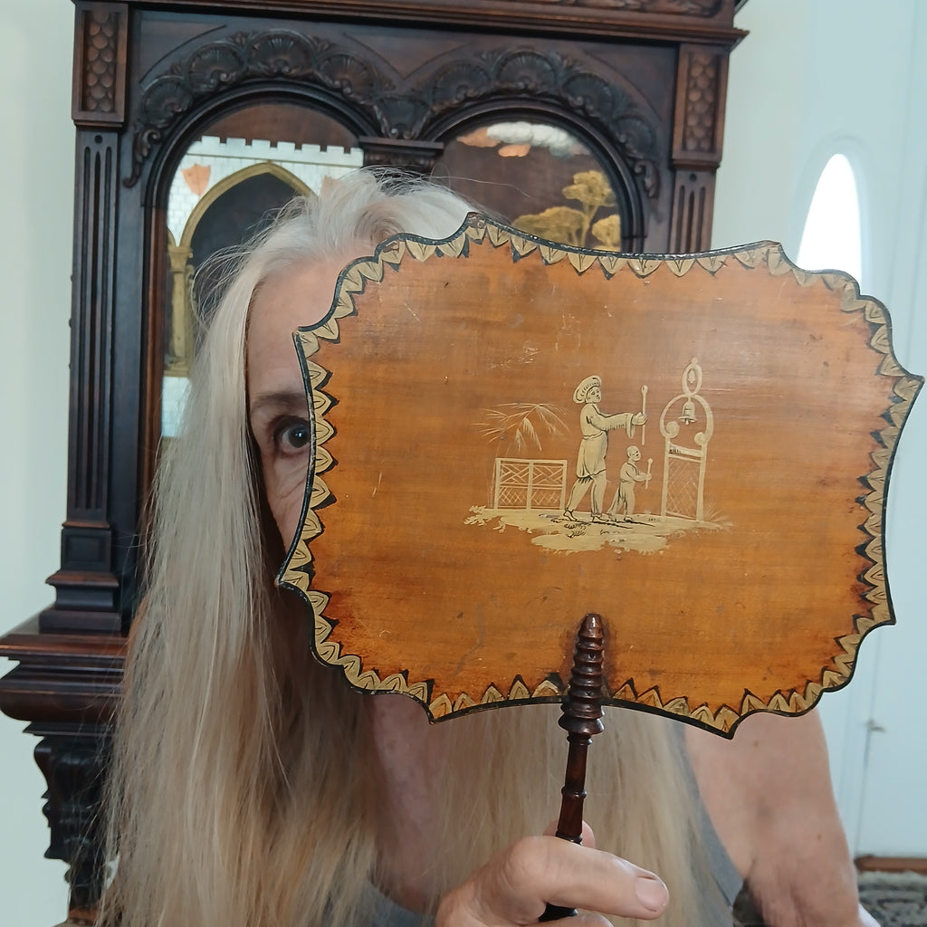 Antique Georgian Hand-Painted Wood Face Screen