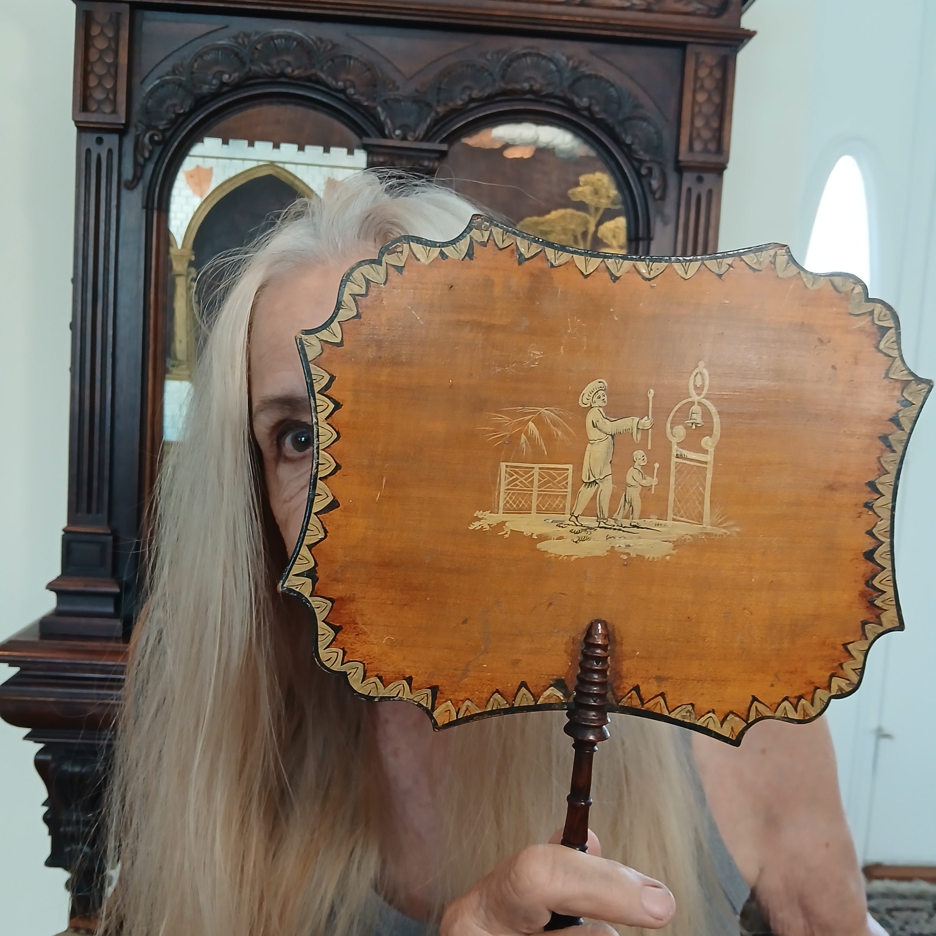 Antique Georgian Hand-Painted Wood Face Screen