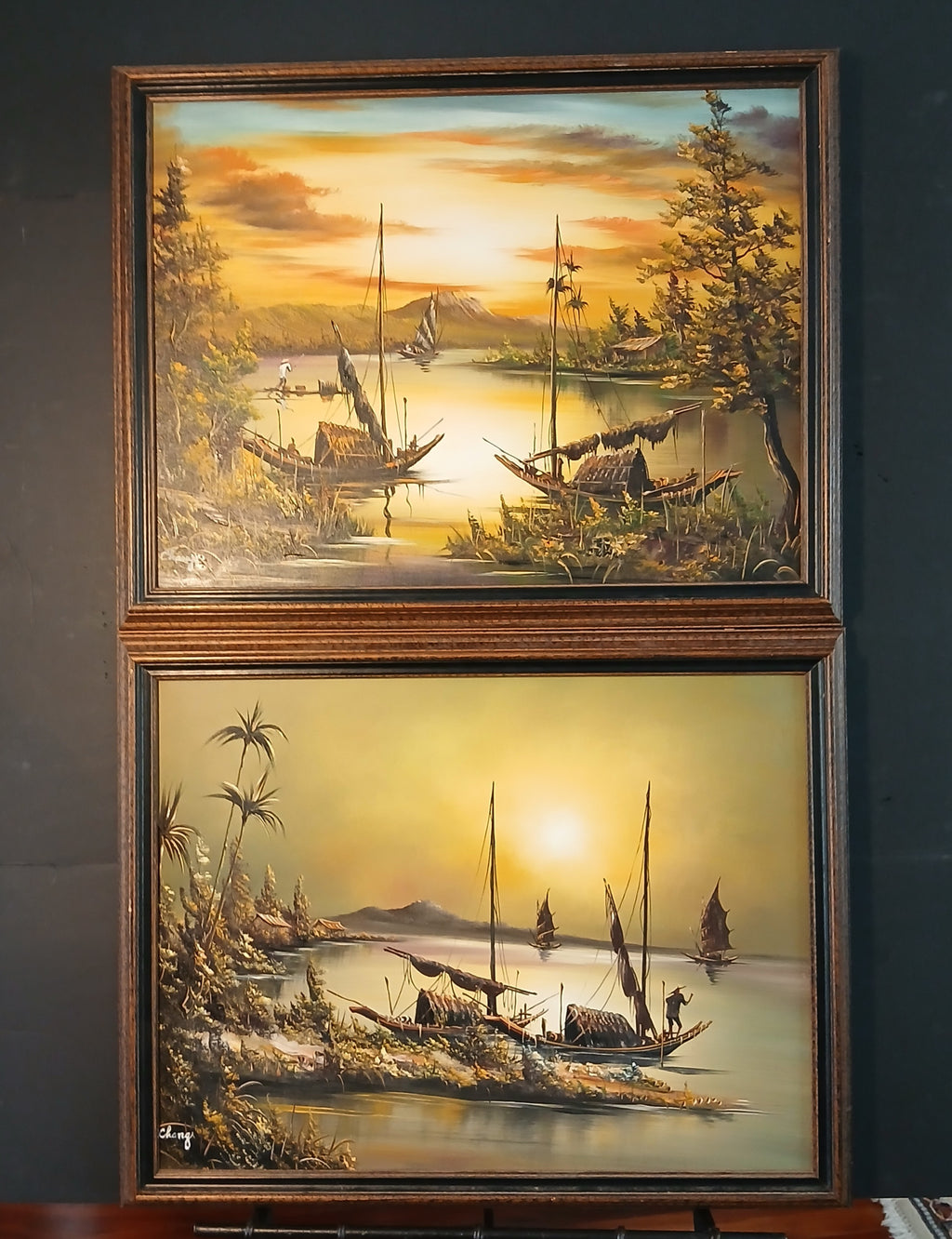 Chinese Junks in a Cove, Evening - a Pair of Oils on Canvas by Chang