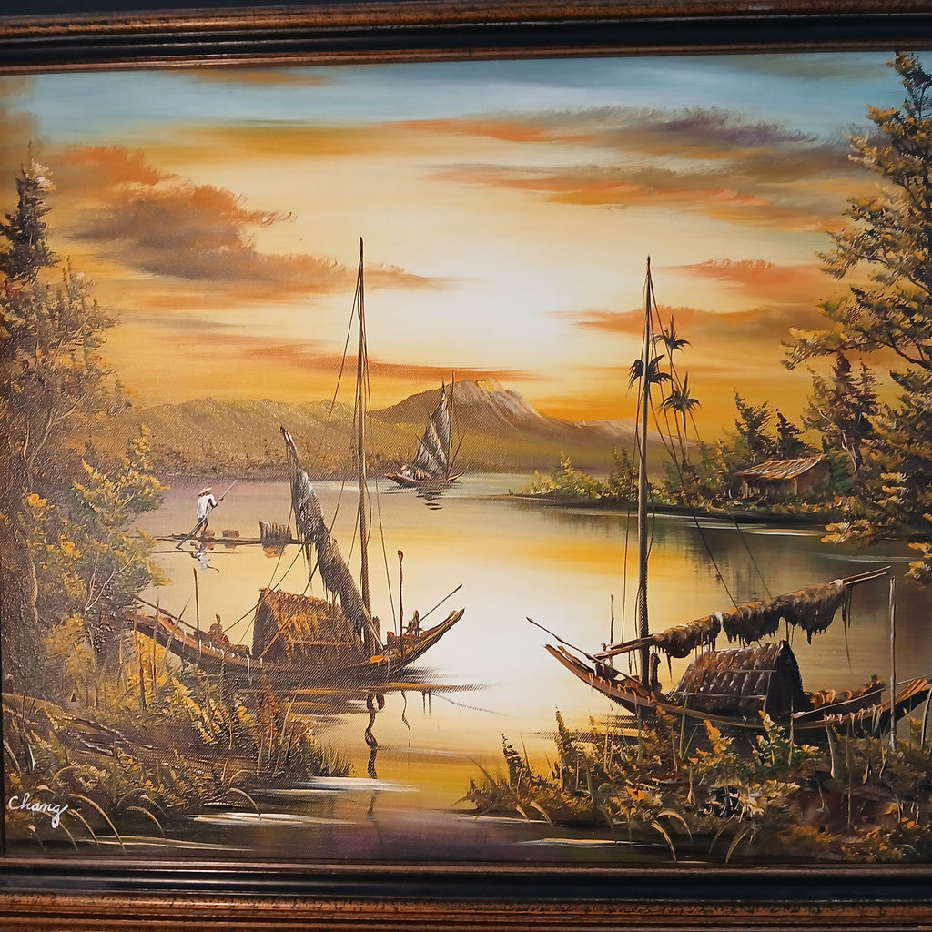 Chinese Junks in a Cove, Evening - a Pair of Oils on Canvas by Chang