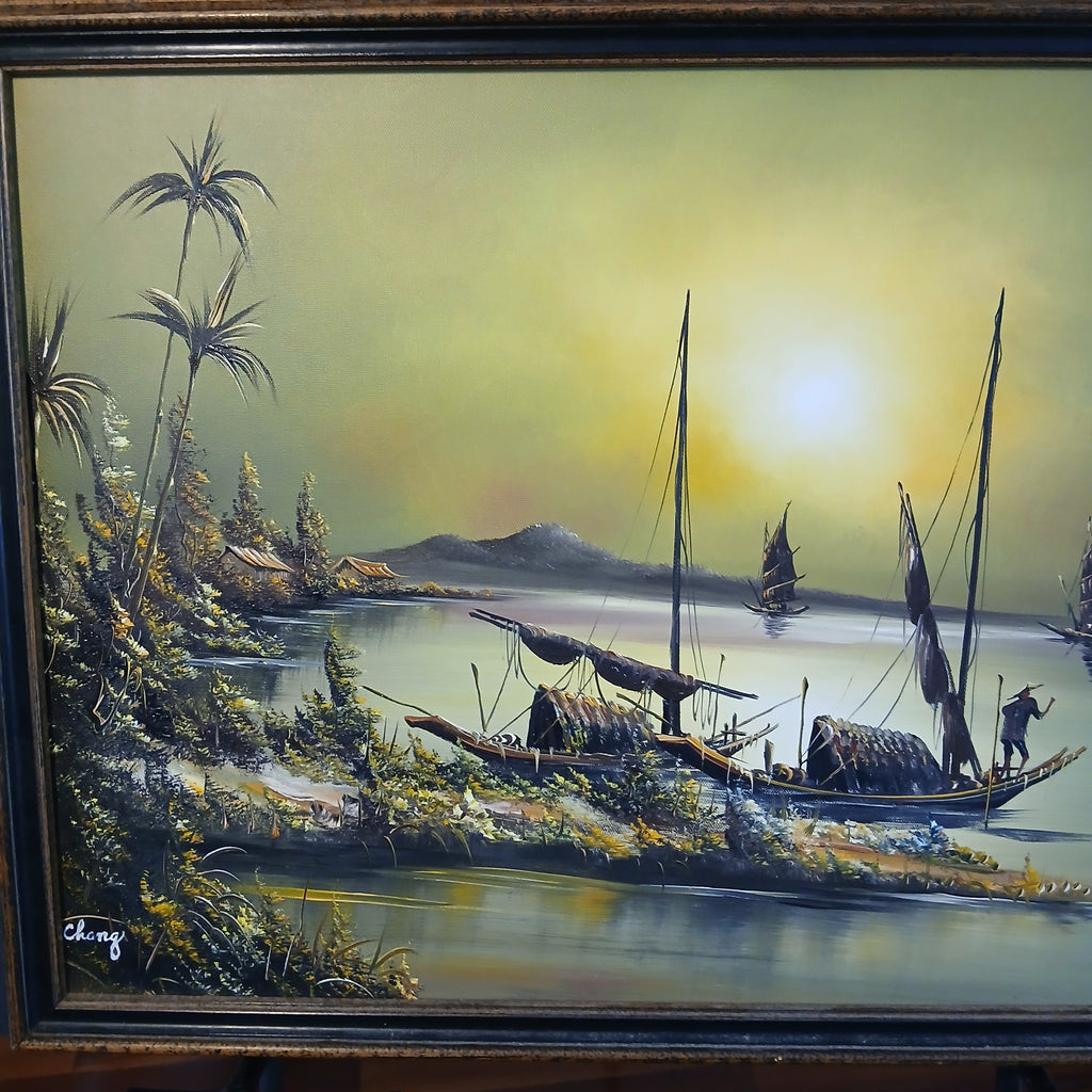 Chinese Junks in a Cove, Evening - a Pair of Oils on Canvas by Chang