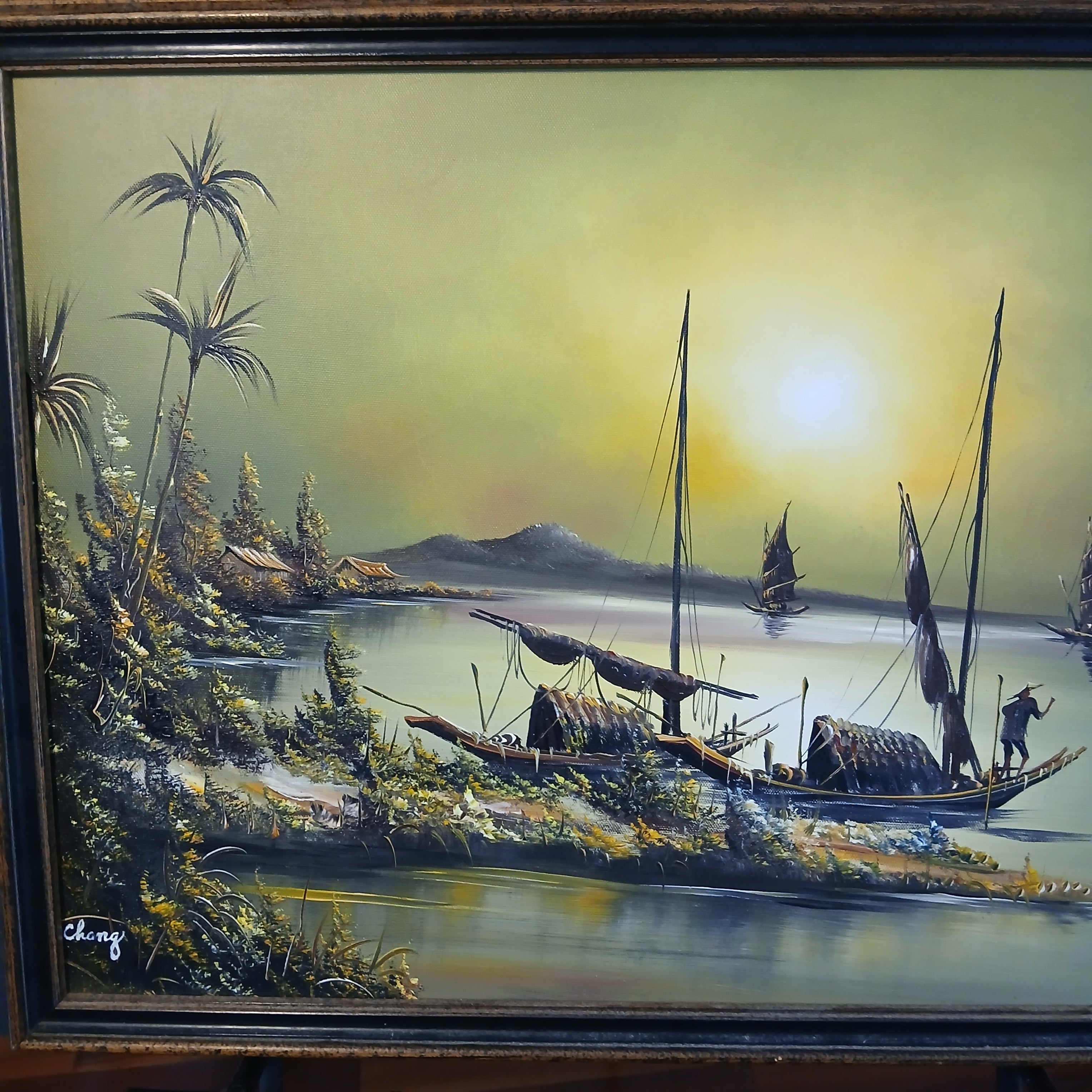 Chinese Junks in a Cove, Evening - a Pair of Oils on Canvas by Chang