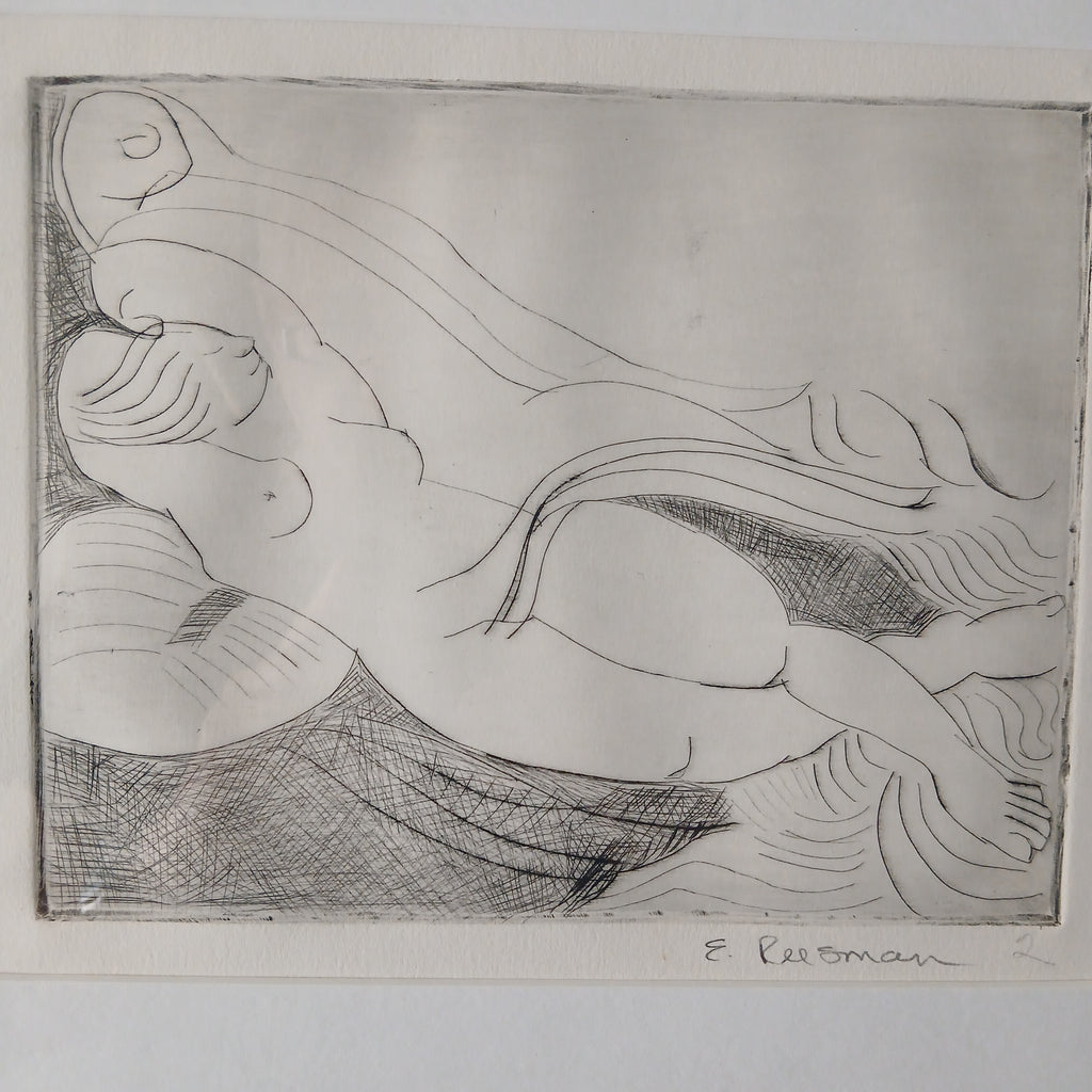 Sensuous Nude Engraving signed E. Reesman 1970s FREE SHIPPING!
