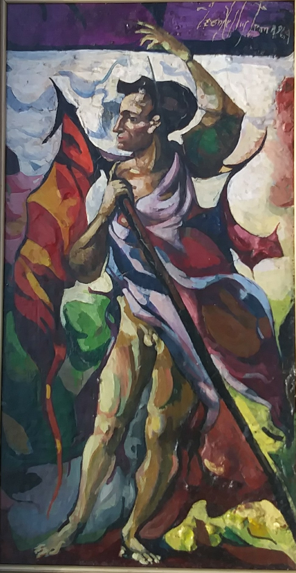1960s "Man With a Flag" Leon Kelly Oil Painting on Masonite
