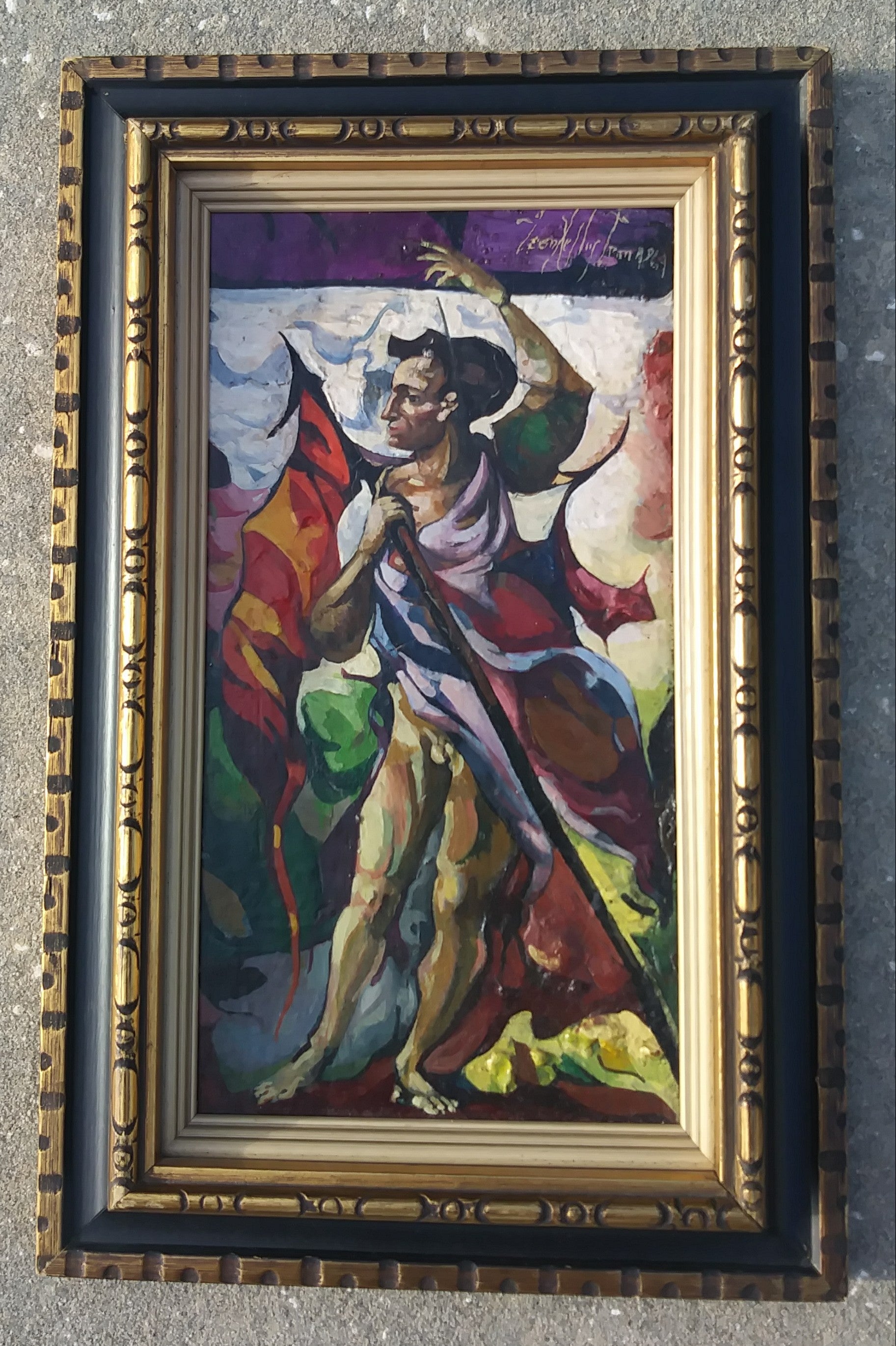 1960s "Man With a Flag" Leon Kelly Oil Painting on Masonite