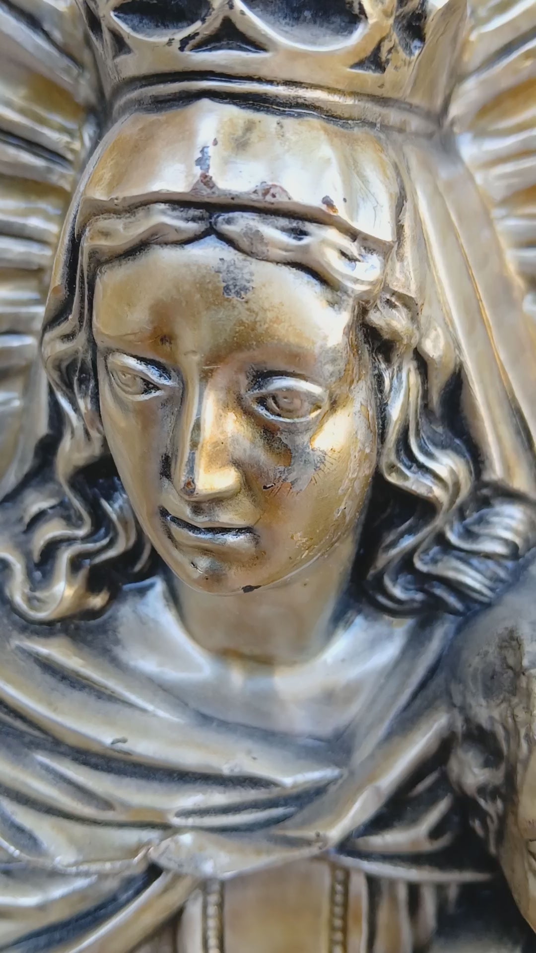 Inspiringly Beautiful Repousse Metal Plaque of Our Lady of Mt. Carmel 1940s