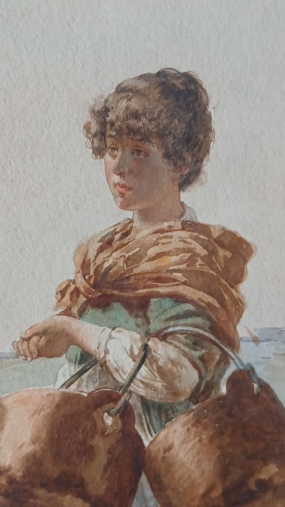 Edouardo Vitali Listed Artist watercolor - Girl Walking by the Venetian Lagoon