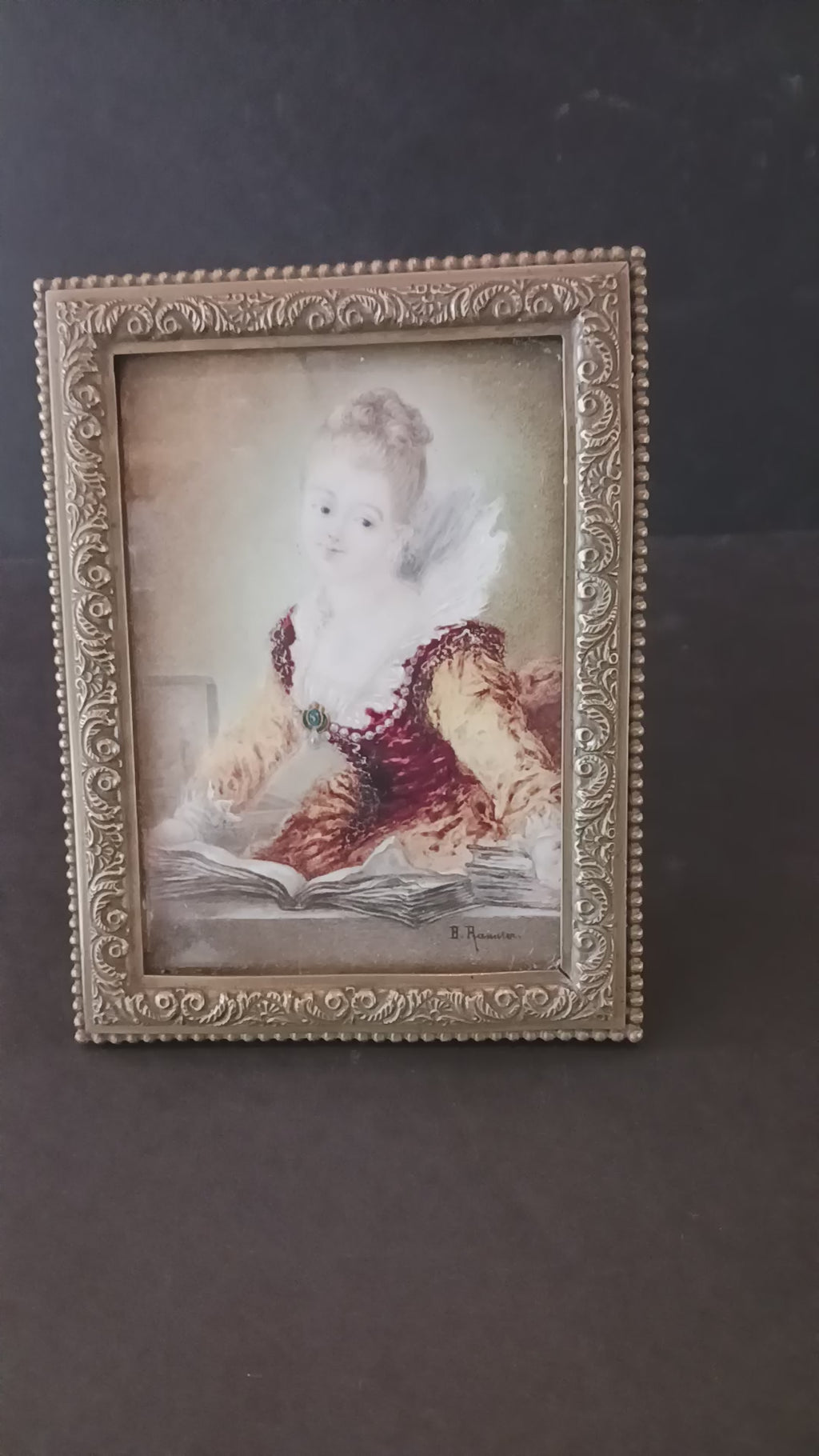 Miniature Watercolor "L'Etude" signed Rannier after Fragonard