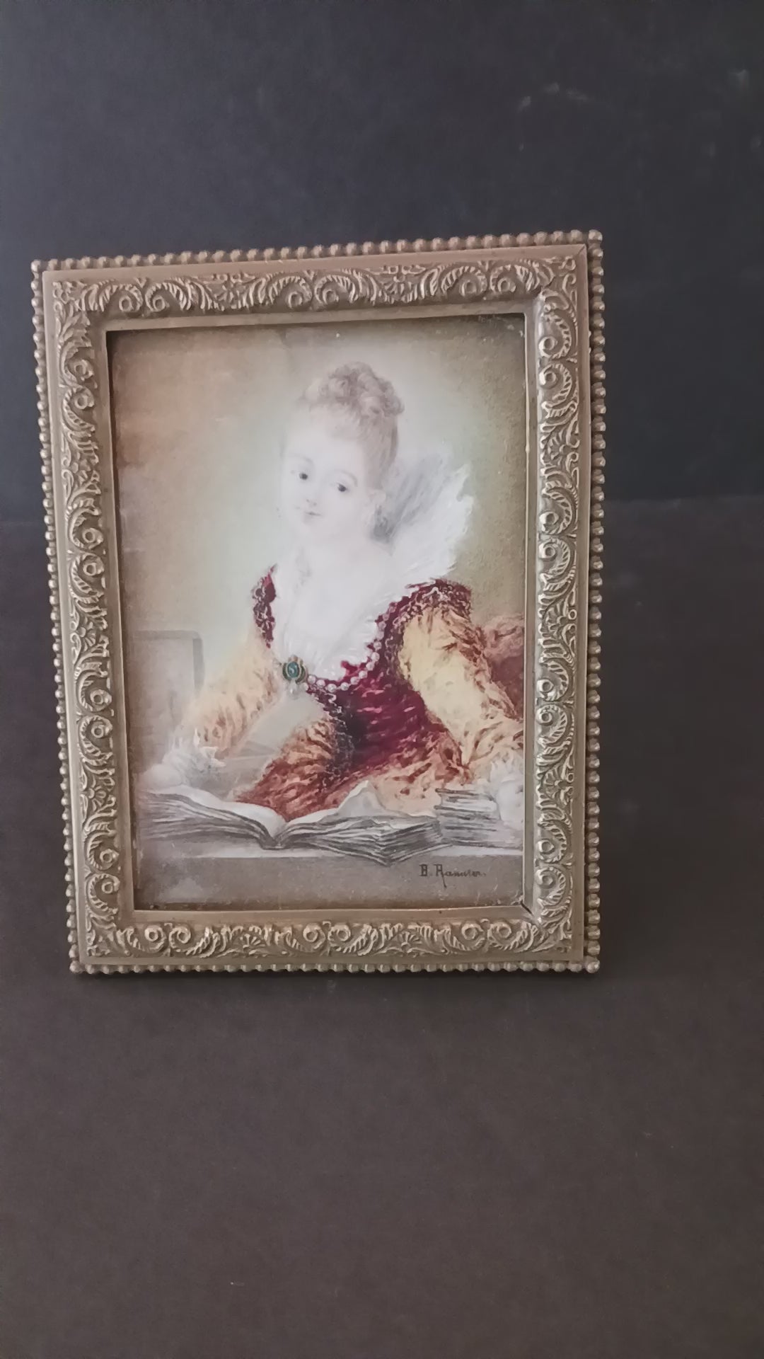 Miniature Watercolor "L'Etude" signed Rannier after Fragonard