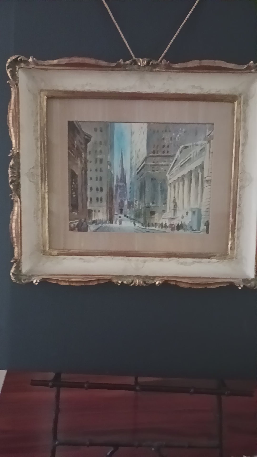 Wall Street - Mid-Century Modern oil on board, Trinity Church, Federal Building