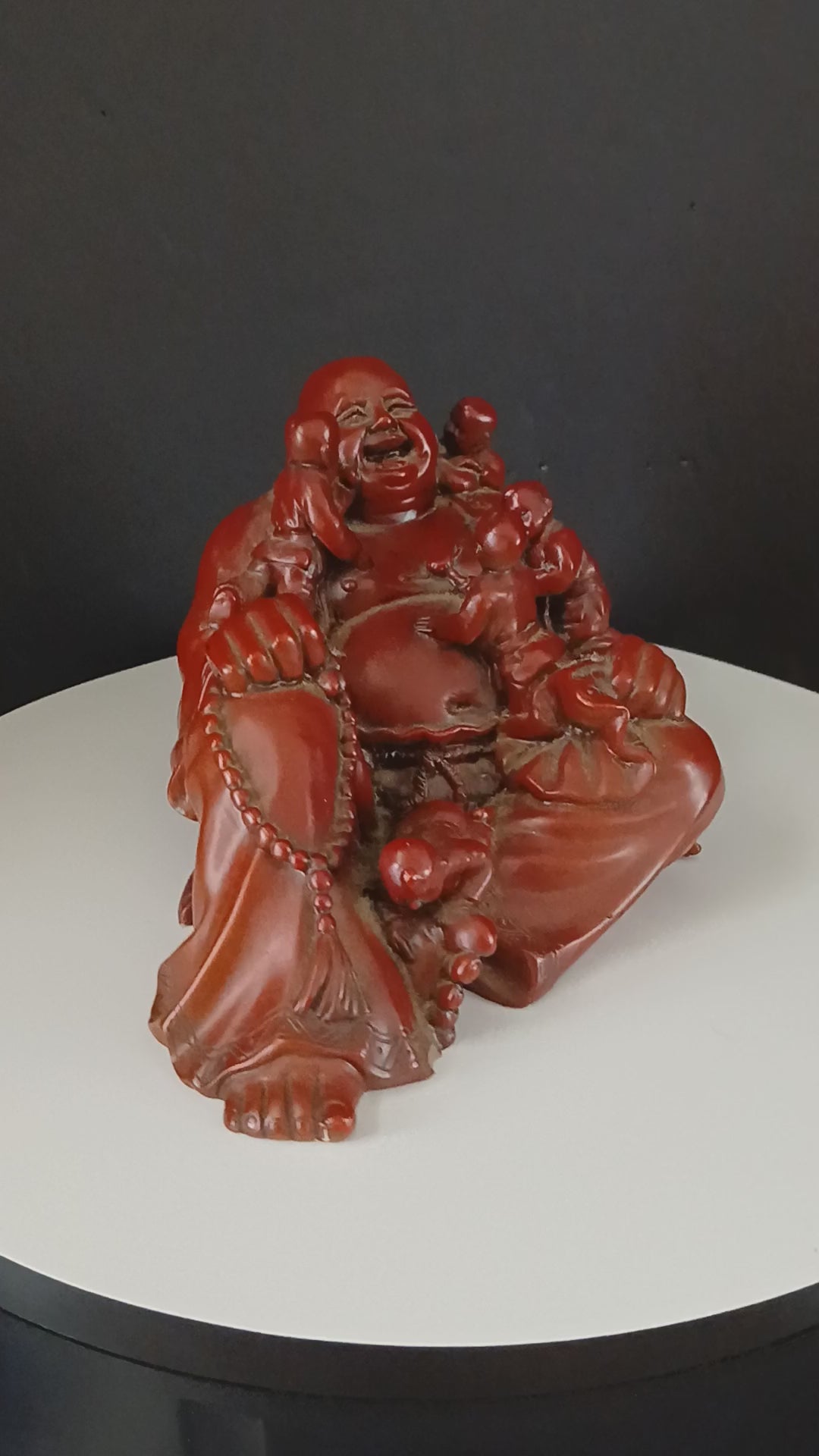 Vintage Laughing Buddha with Children Red Resin