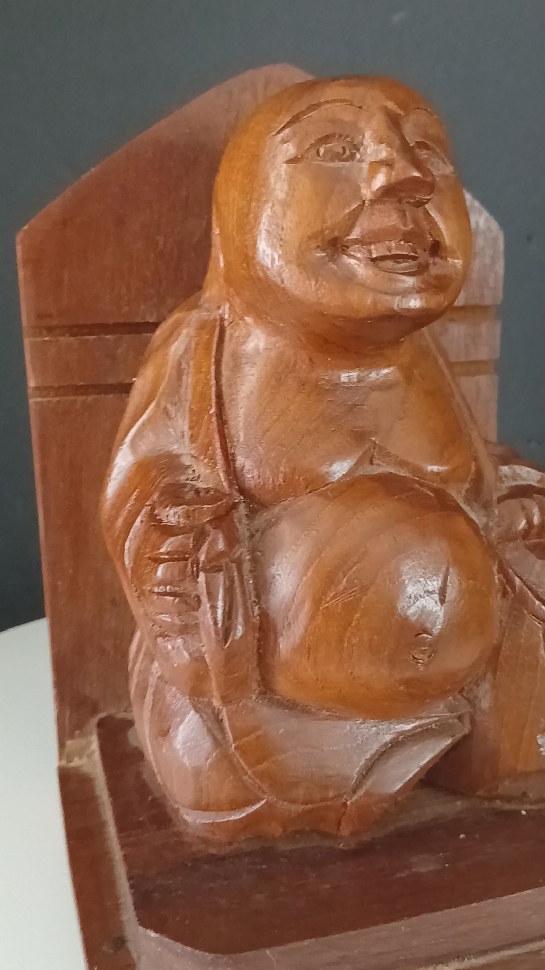 Vintage Hand-Carved Teak Smiling Buddha from Thailand