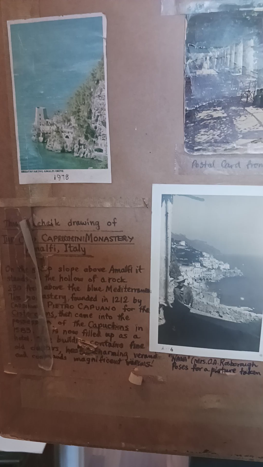 Amalfi Coast Monastery - 1930's Pastel with Memorabilia on the Back!
