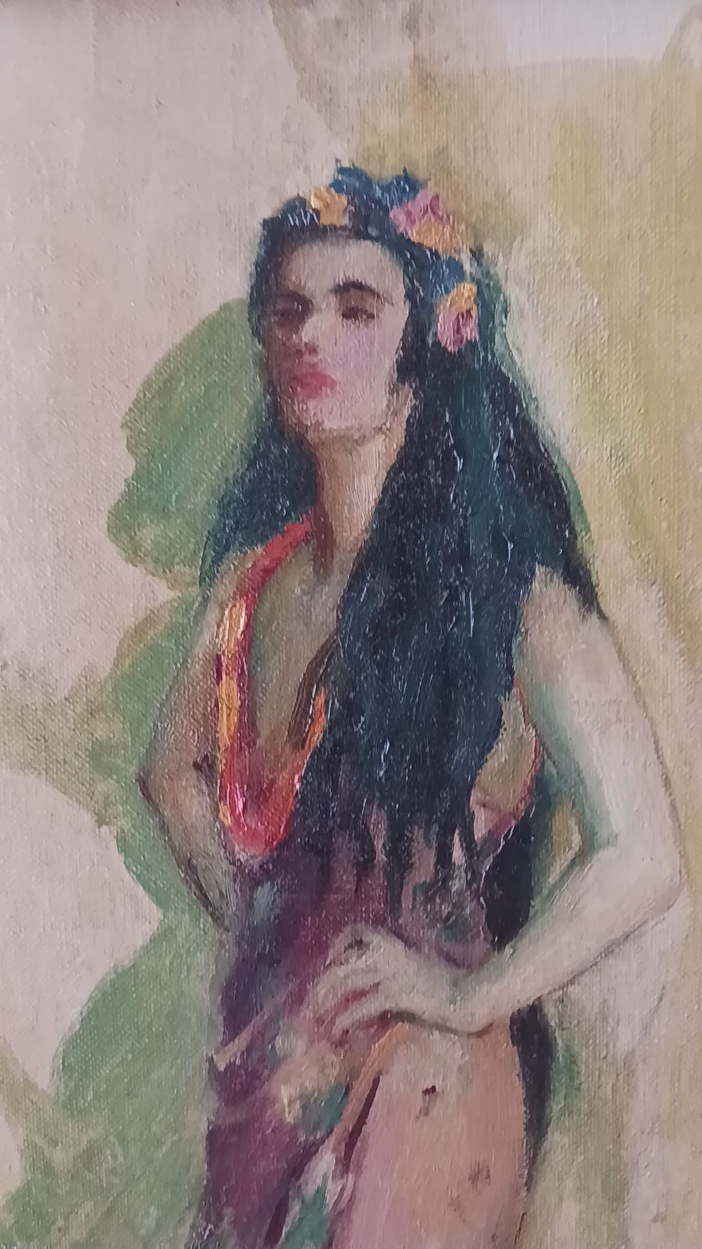 Exotic Painting of a South Seas Island Maid c. 1930s signed by Mrs. J B Davison