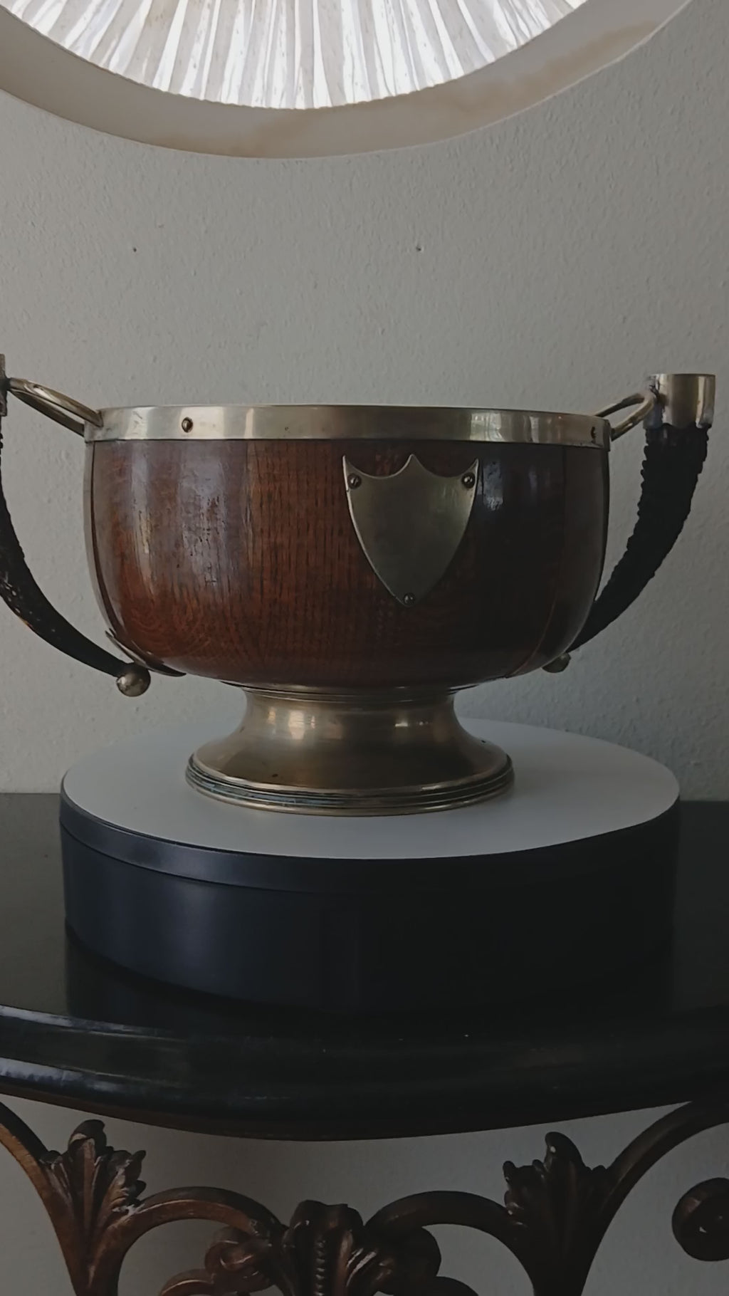 Rare Antique English Oak Trophy Bowl w Brass Fittings and Stag Horn Handles